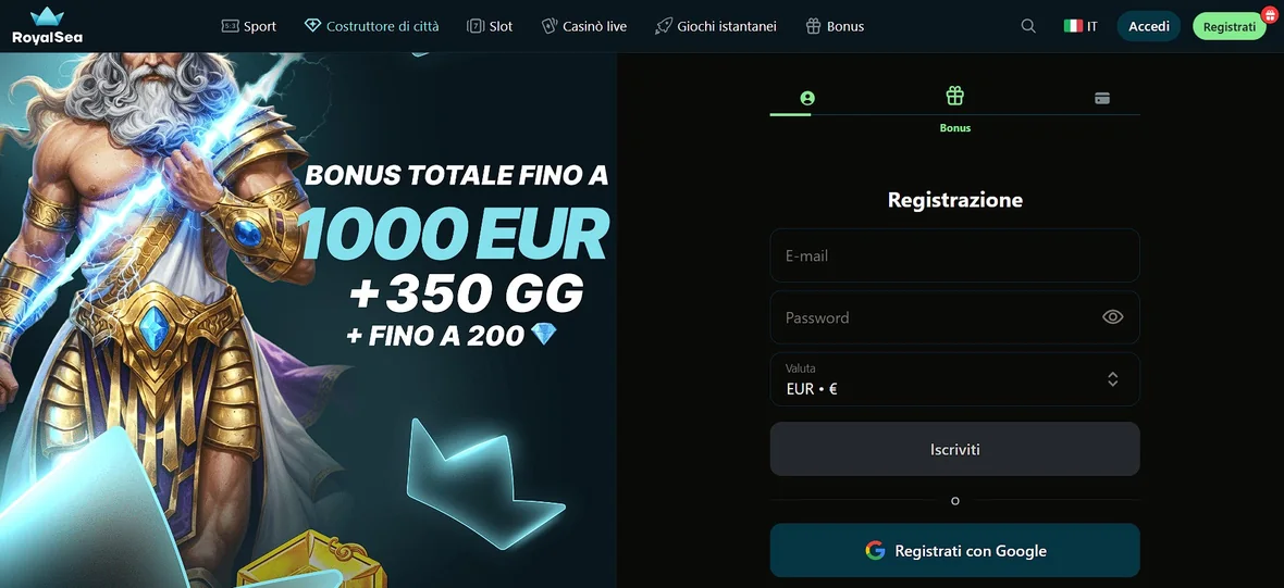 Schermata del pacchetto di benvenuto di Royalsea Casino con importo e giri gratis